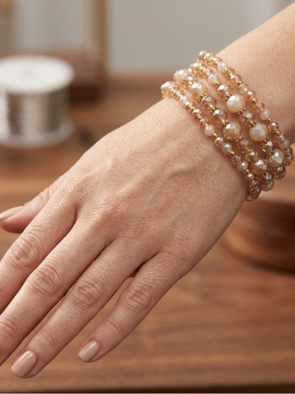 Memory Wire Gold and Cream Wrap Bracelet